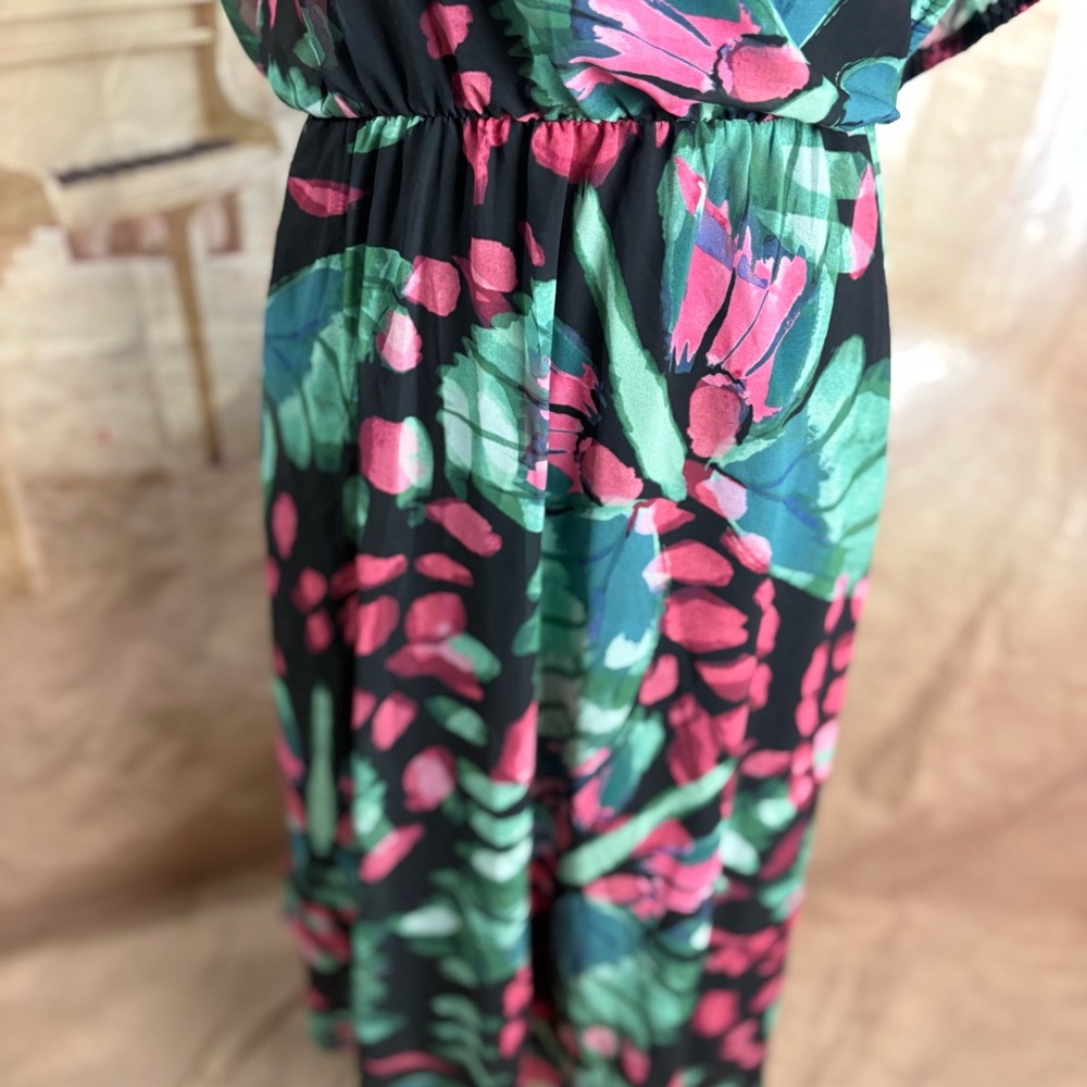 NEW Torrid Chiffon Green and Pink Ruched Midi Dress Fit and Flare - Picture 7 of 13